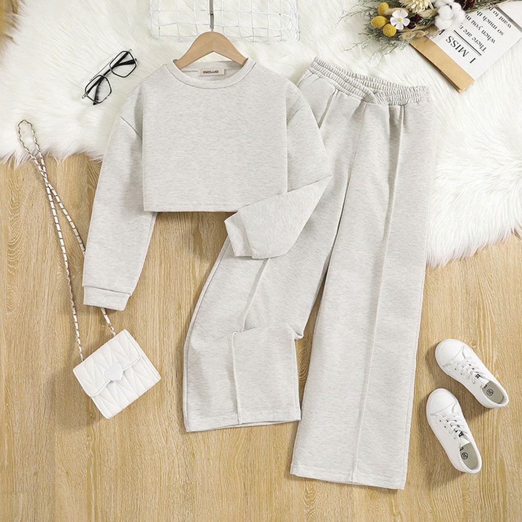 Girls Grey Knitted Crop Top with Pants Set Sets Grey 7-8 Y 