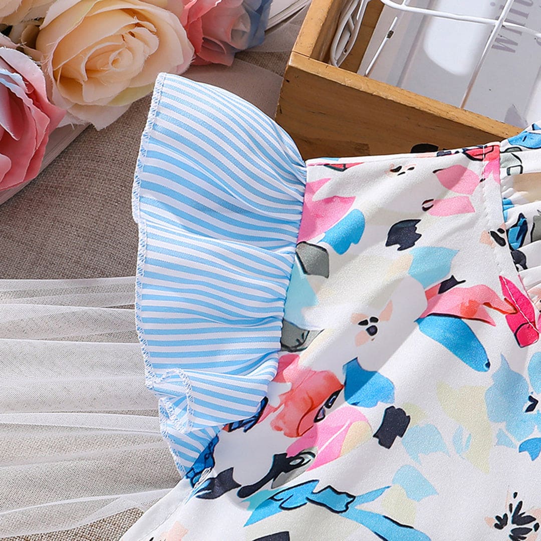 Girls Blue Flutter Sleeves Printed Top with Striped Shorts Sets Sets   