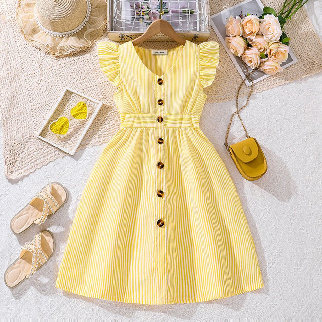 Girls Yellow Stripped Flutter Sleeves Front Buttoned Fit & Flare Dress Casual Dresses Yellow 7-8 Y 