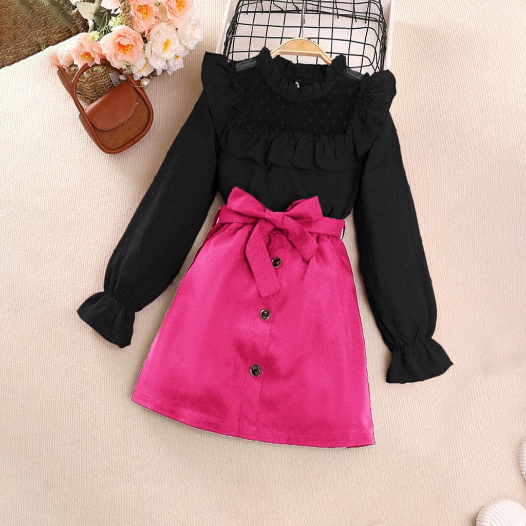 Girls Black Full Sleeves Ruffles Neck Top with Skirt Set Sets Black 7-8 Y 