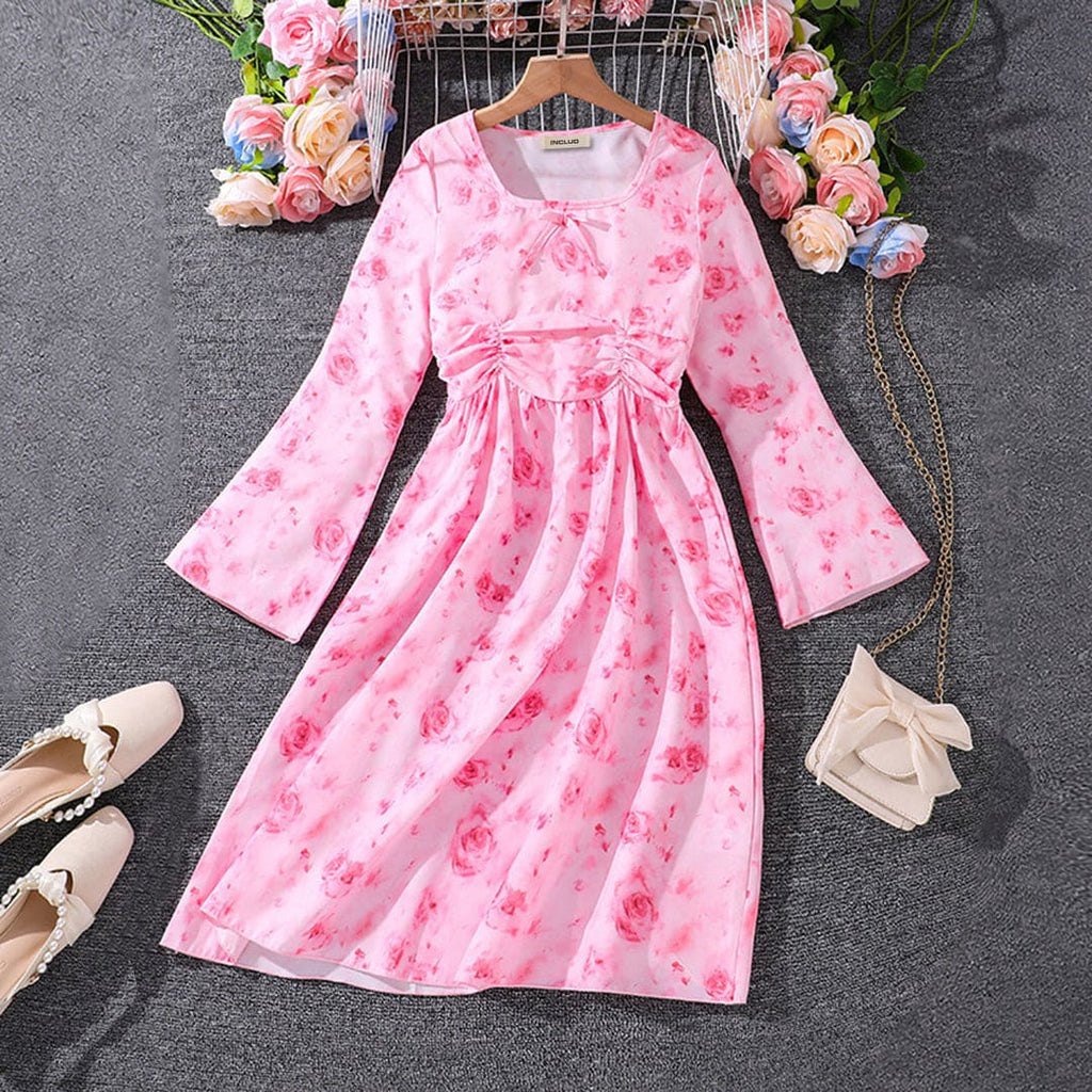 Girls Pink Floral Print Flared Sleeves Fit & Flare Casual Dress Casual Dresses Pink 7-8 Y 