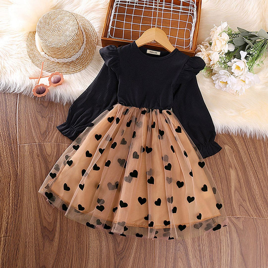 Girls Black Ruffled Heart Print Puff Sleeves Fit & Flare Dress Casual Dresses Black 2-3 Y 