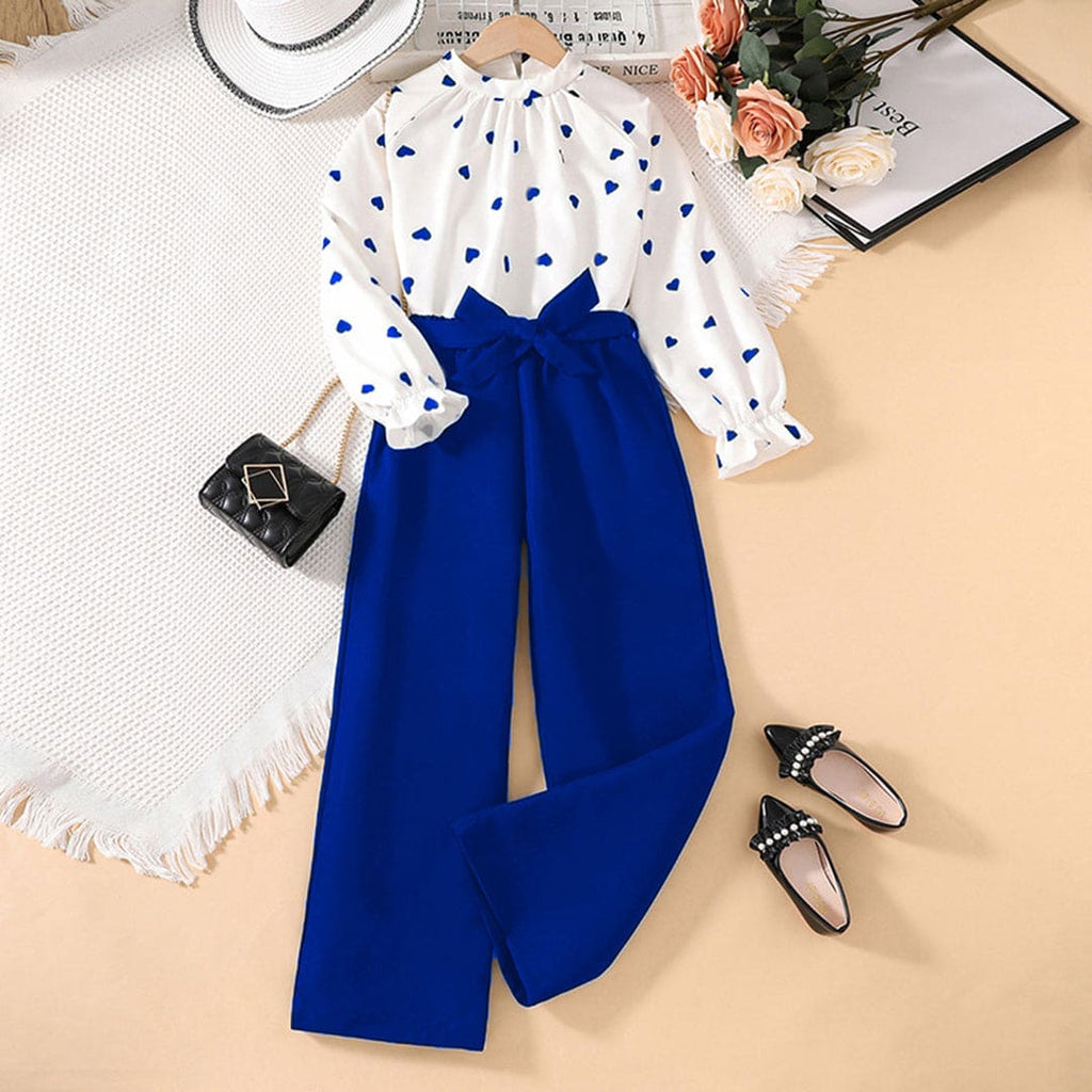 Girls Blue Heart Print Long Sleeves Top with Pants Set Sets Blue 7-8 Y 