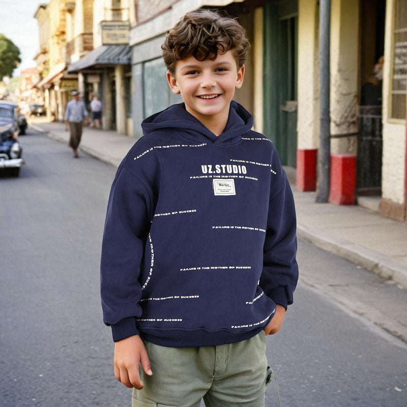 Boys Navy Hooded Printed Warm Sweatshirt Sweatshirts & Hoodies   