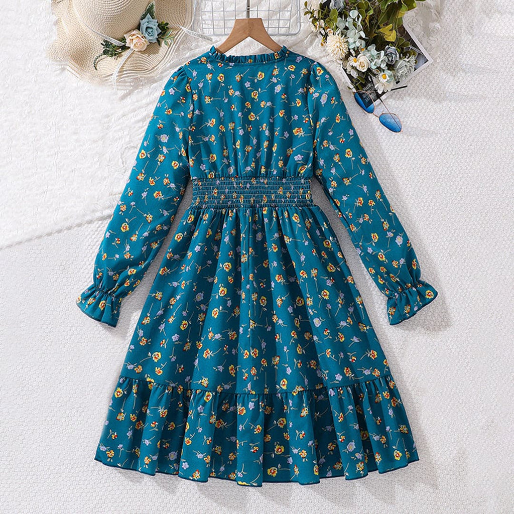 Girls Blue Floral Print Waist Elasticated Fit & Flare Casual Dress Casual Dresses Blue 7-8 Y 