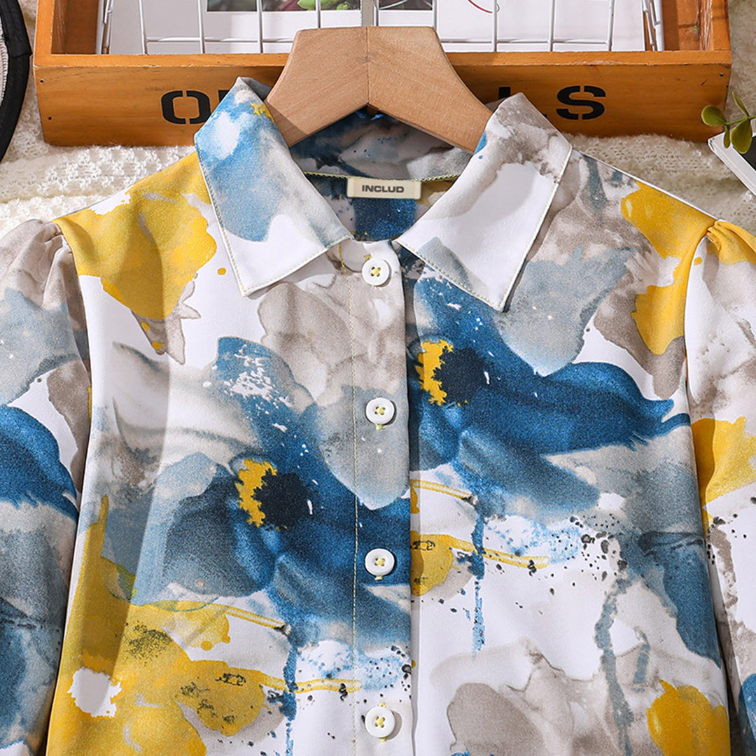 Girls Yellow Printed Full Sleeves Shirt with Pants Set Sets   