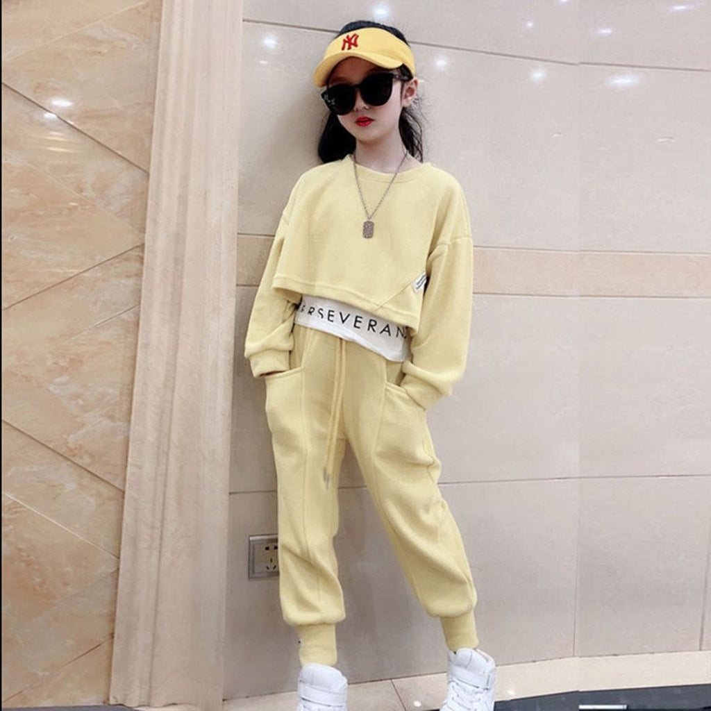 Girls Yellow Trendy Athleisure Sweatshirt With Pants Set Sets Yellow 3-4 Y 