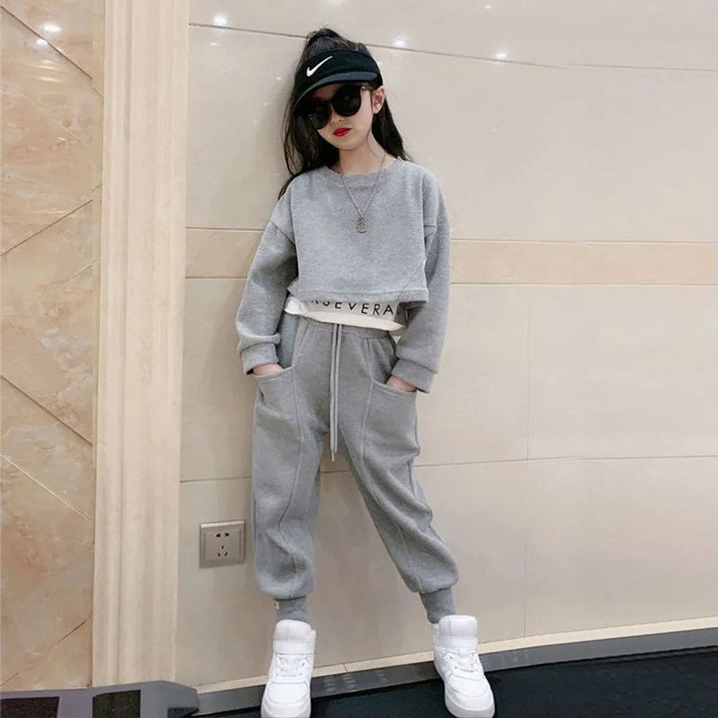 Girls Grey Trendy Athleisure Sweatshirt With Pant Set Sets Gray 3-4 Y 