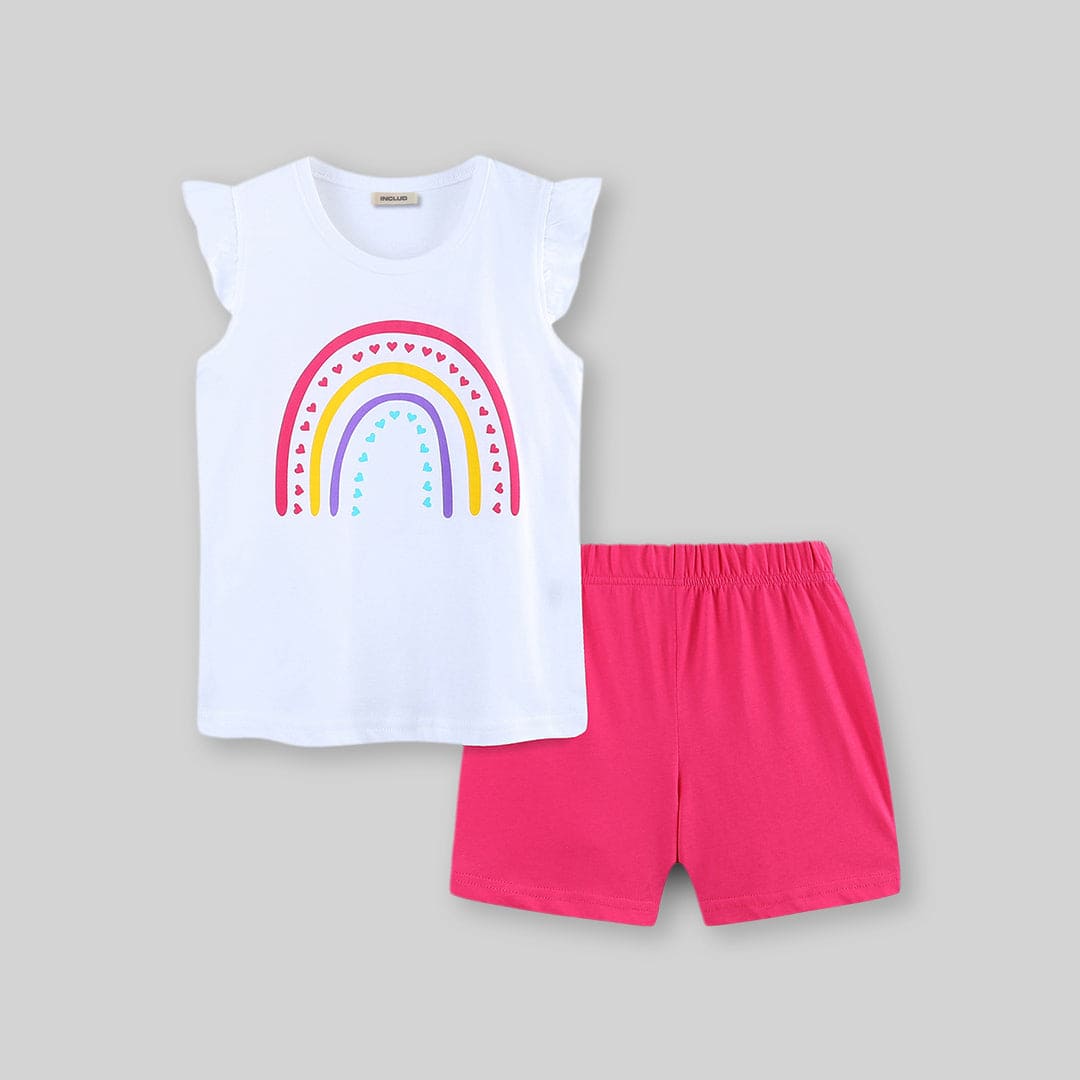 Girls White Cap Sleeve Graphic T-Shirt With Short Set Sets   