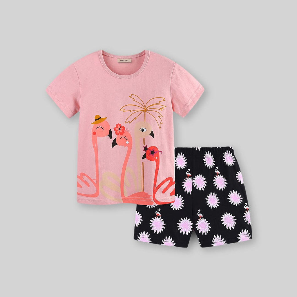 Girls Peach Cap Sleeve Graphic T-Shirt With Short Set Sets   