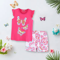 Girls Pink Cap Sleeve Graphic T-Shirt With Short Set Sets Pink 1-2 Y 