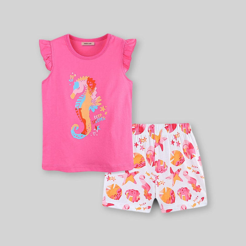 Girls Light Pink Cap Sleeve Graphic T-Shirt With Short Set Sets   
