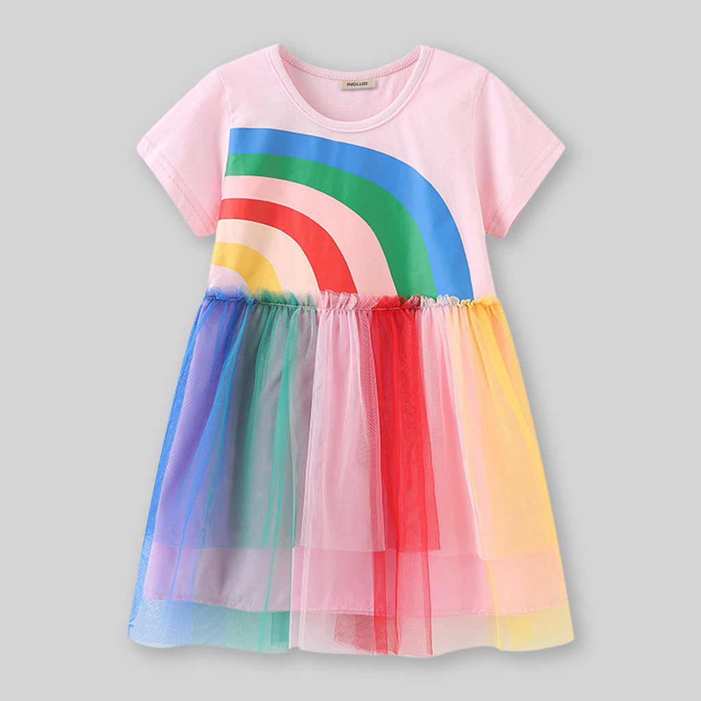 Girls Pink Short Sleeve Mesh Printed Dress Casual Dresses   