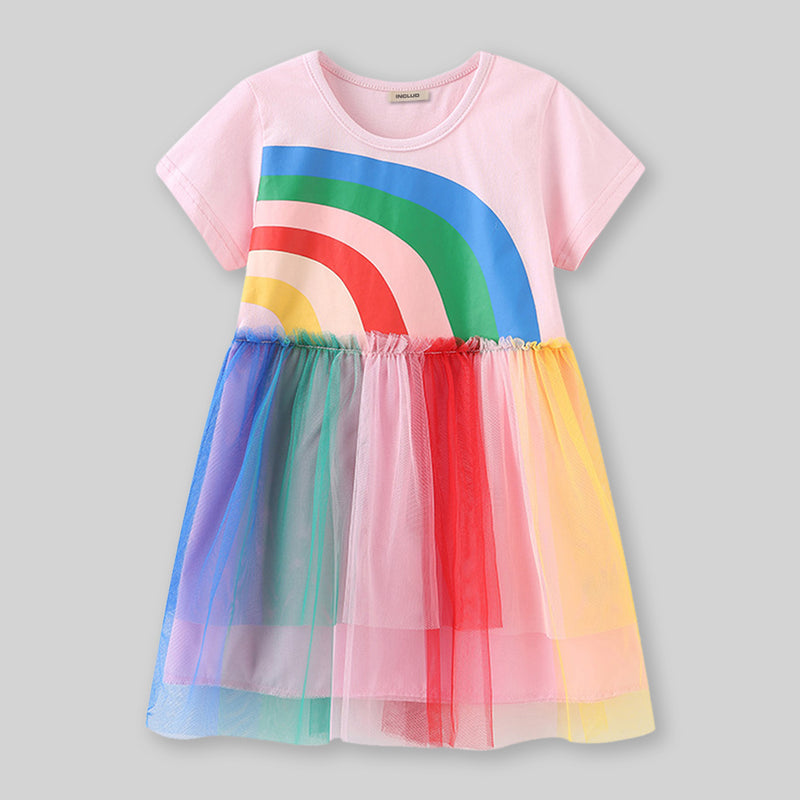 Girls Pink Short Sleeve Mesh Printed Dress Casual Dresses   