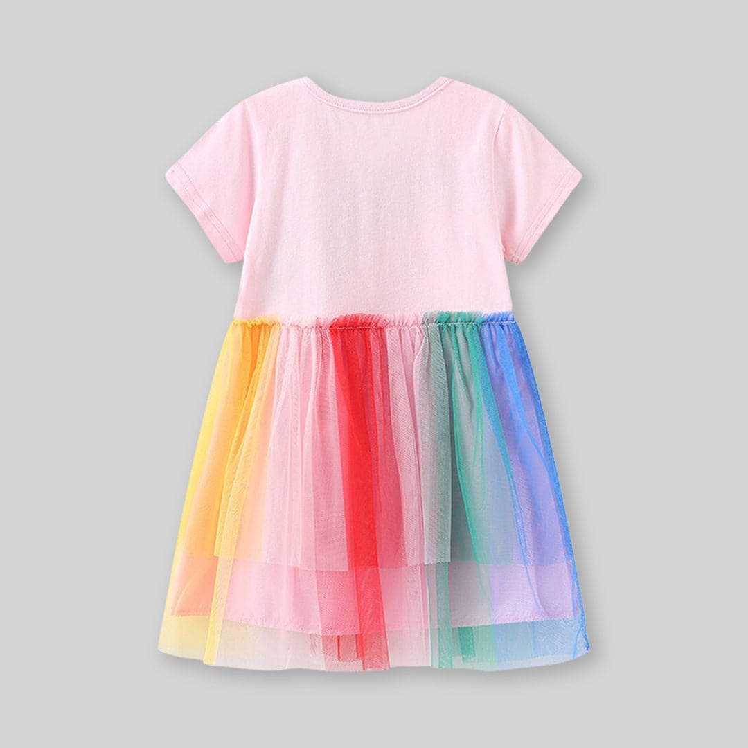 Girls Pink Short Sleeve Mesh Printed Dress Casual Dresses   