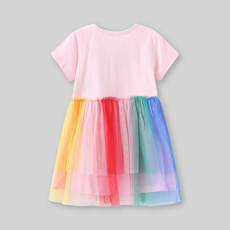 Girls Pink Short Sleeve Mesh Printed Dress Casual Dresses   