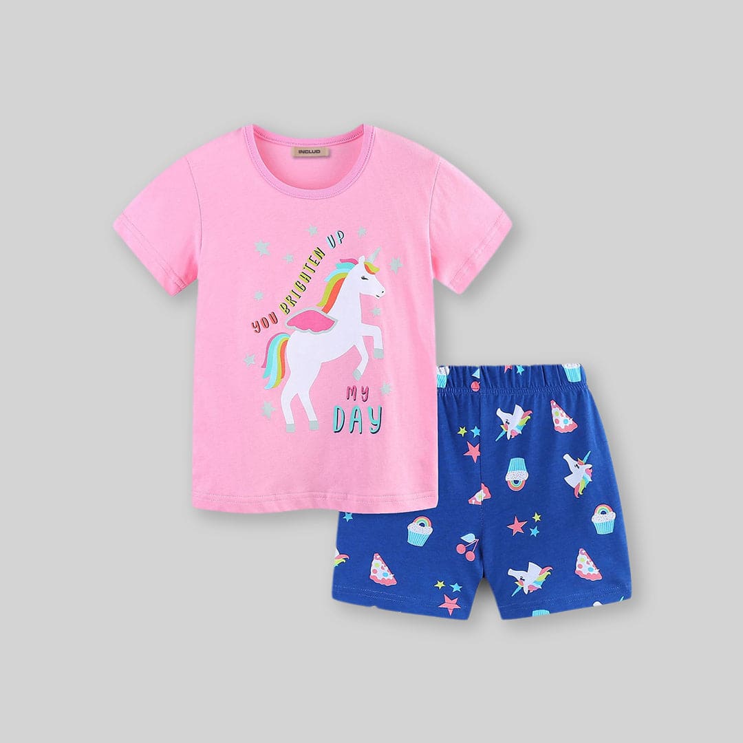 Girls Navy Cap Sleeve Graphic T-Shirt With Short Set Sets   