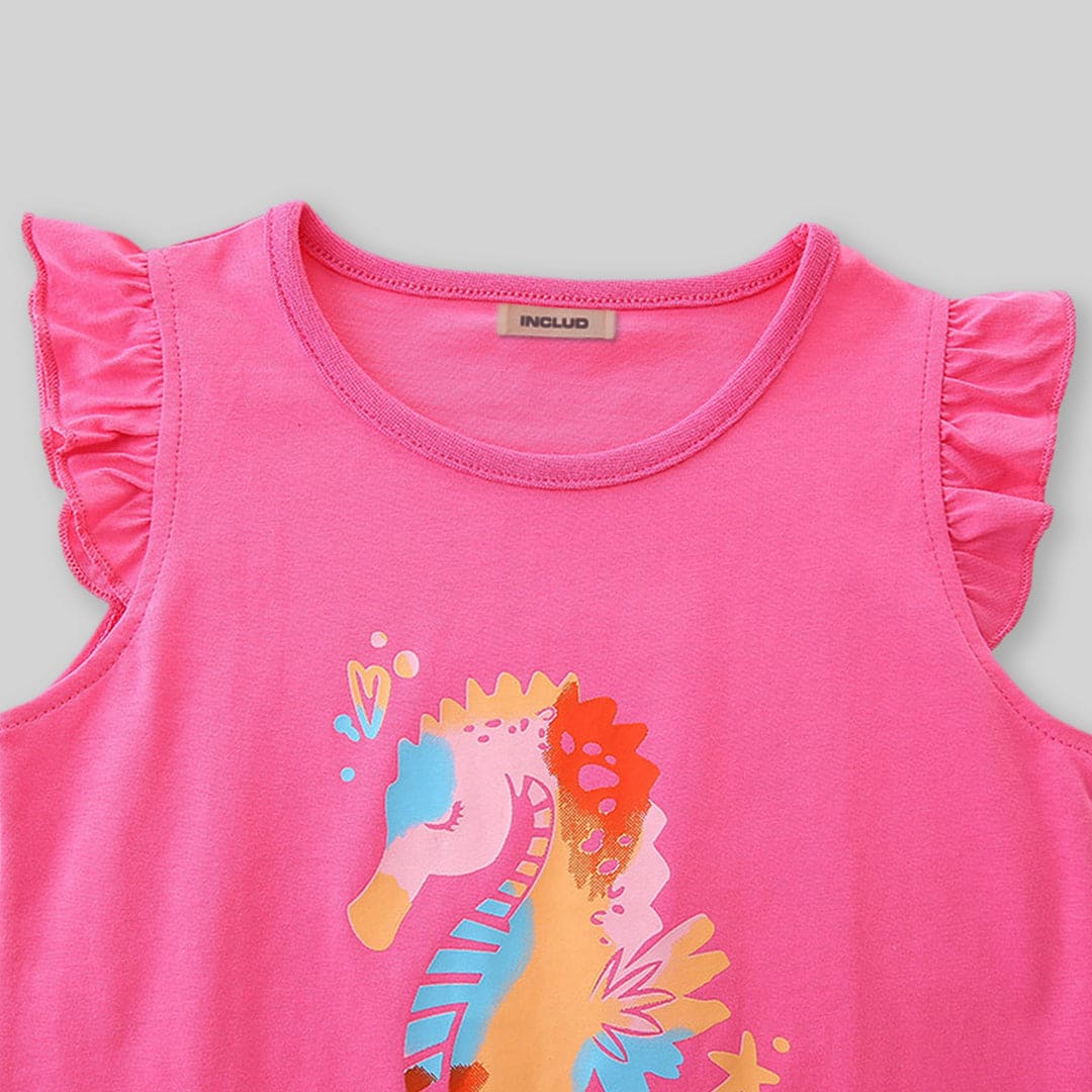 Girls Light Pink Cap Sleeve Graphic T-Shirt With Short Set Sets   