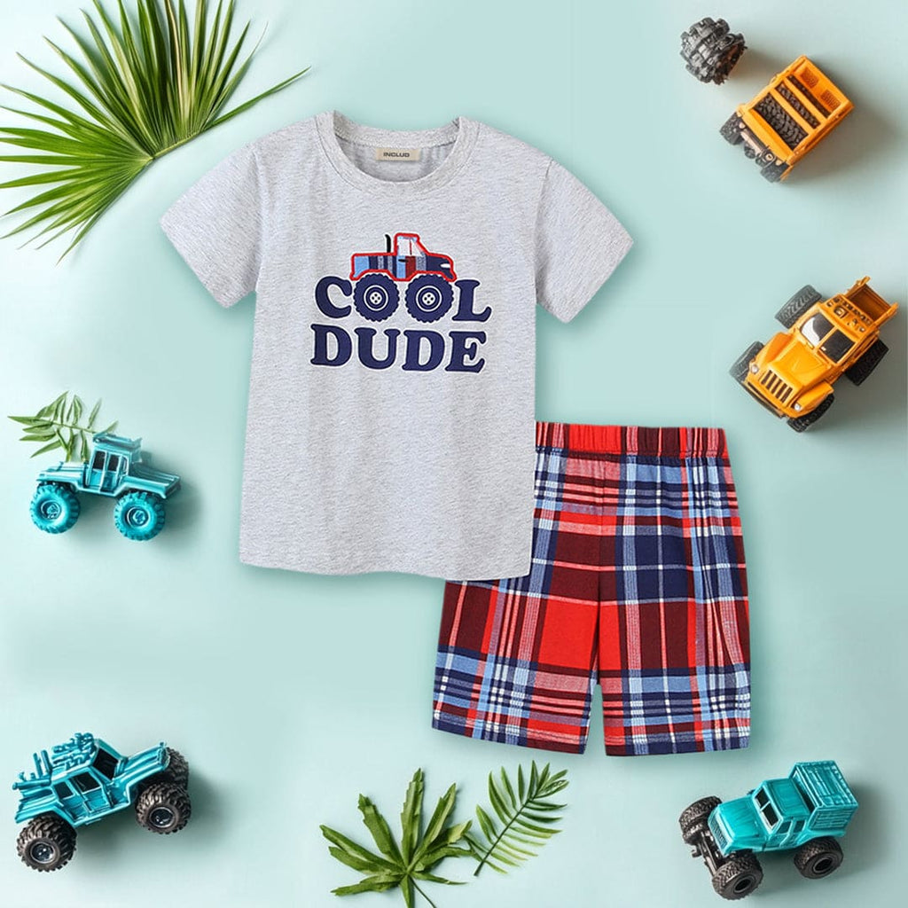 Boys Grey Cool Dude Print T-Shirt With Check Shorts Set Sets Grey 1-2 Y 