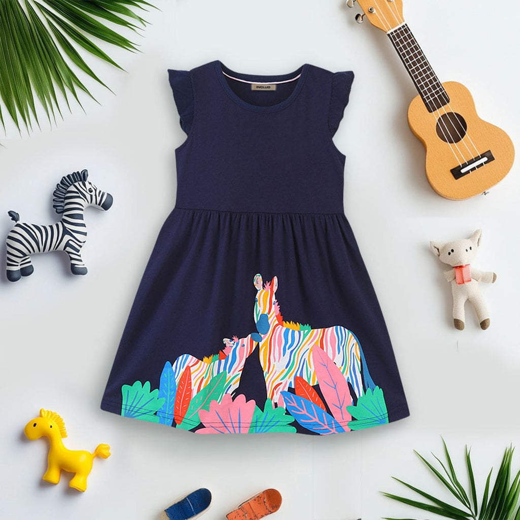 Girls Short Sleeve Giraffe Print Fit & Flare Dress Casual Dresses Navy 1-2 Y 