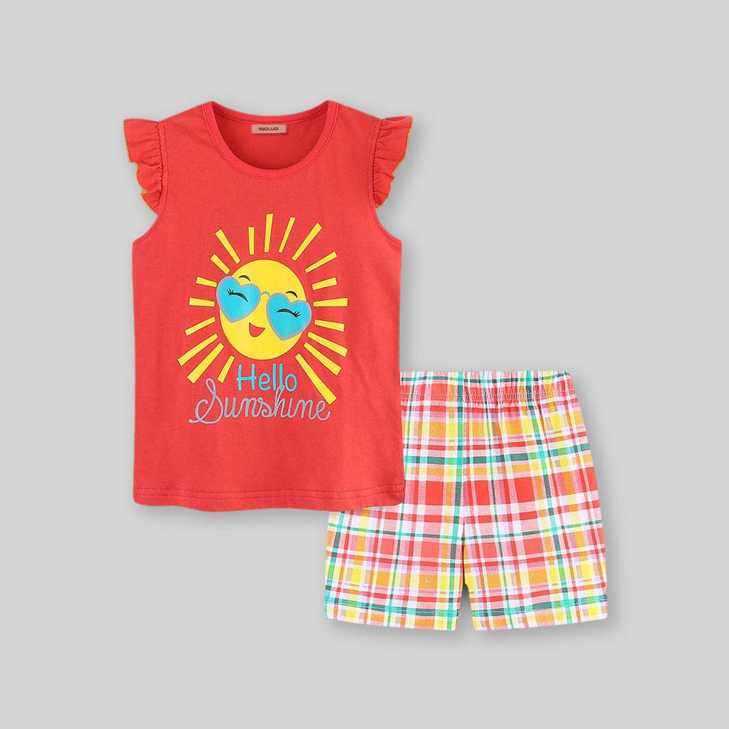 Girls Yellow Cap Sleeve Graphic T-Shirt With Short Set Sets   