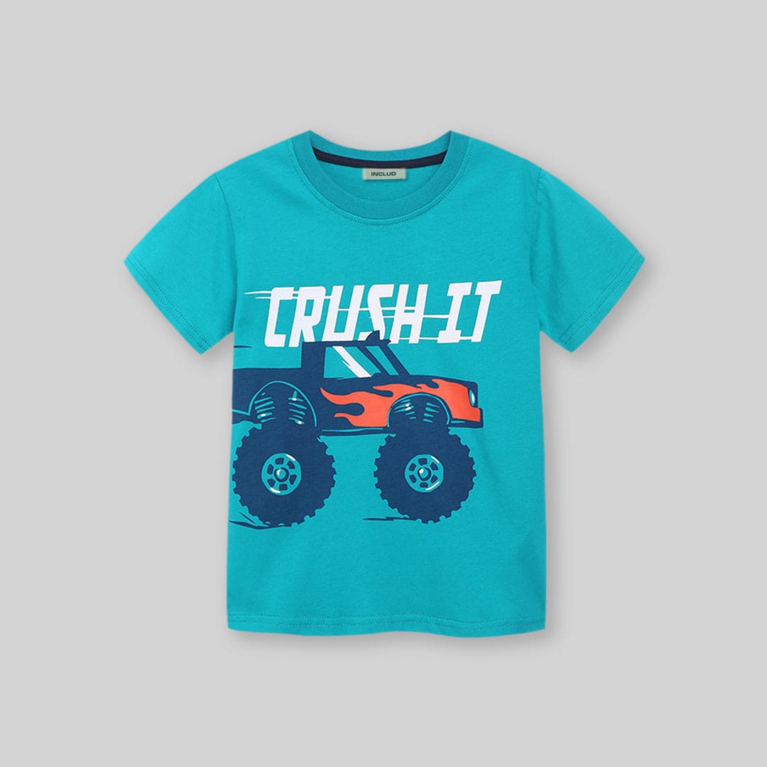 Boys Sea Green Car Graphic Short Sleeve T-Shirt Tshirts   
