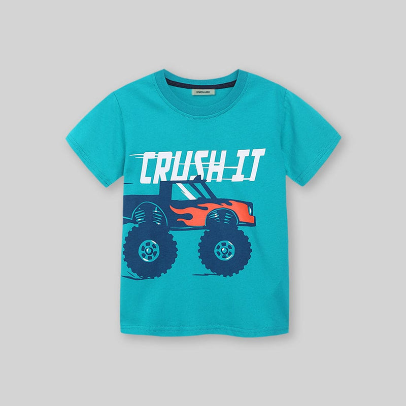 Boys Sea Green Car Graphic Short Sleeve T-Shirt Tshirts   