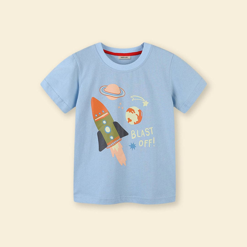 Boys Light Blue Rocket Graphic Short Sleeve T-Shirt Tshirts   