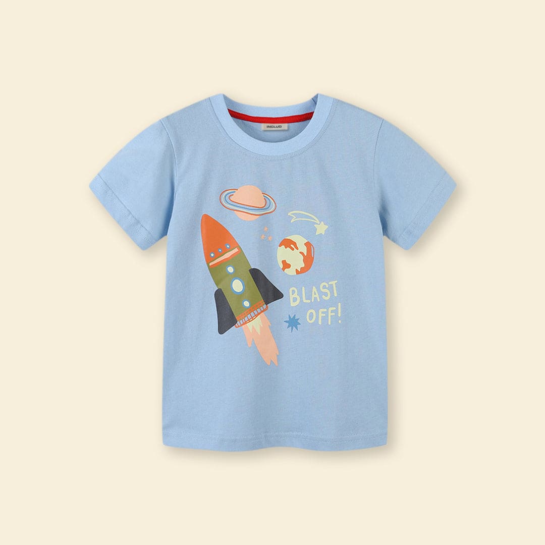 Boys Light Blue Rocket Graphic Short Sleeve T-Shirt Tshirts   