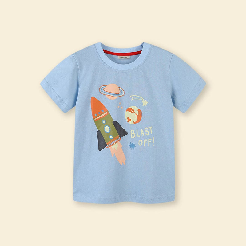 Boys Light Blue Rocket Graphic Short Sleeve T-Shirt Tshirts   