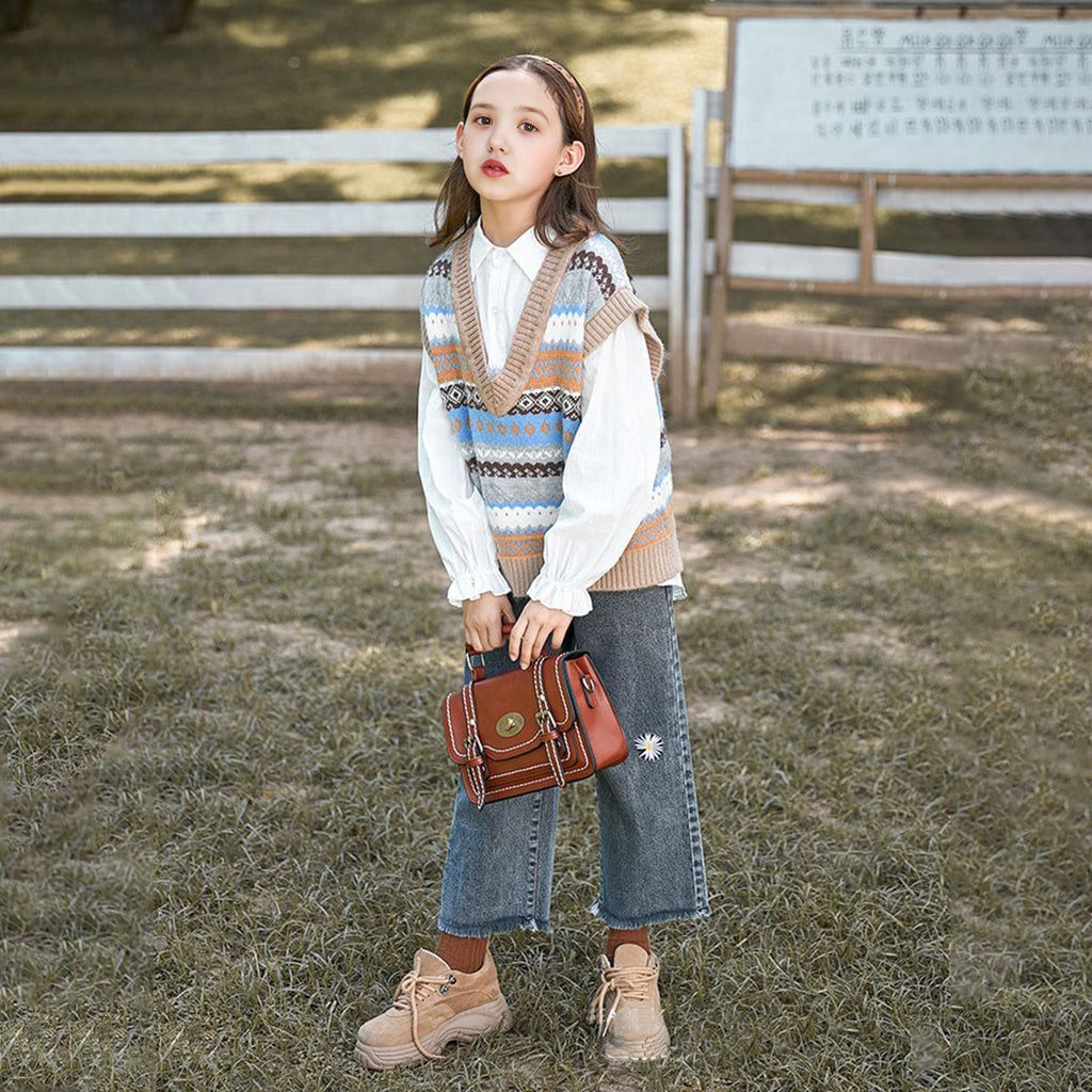 Girls Navy Sweater With Long Sleeves Shirt and Gray Denim Jeans Set Sets Blue 3-4 Y 