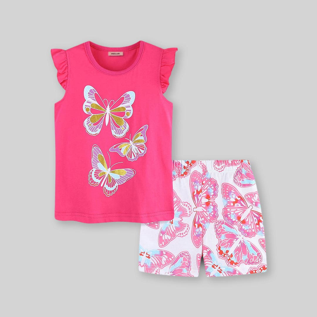 Girls Pink Cap Sleeve Graphic T-Shirt With Short Set Sets   