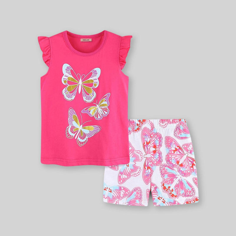 Girls Pink Cap Sleeve Graphic T-Shirt With Short Set Sets   