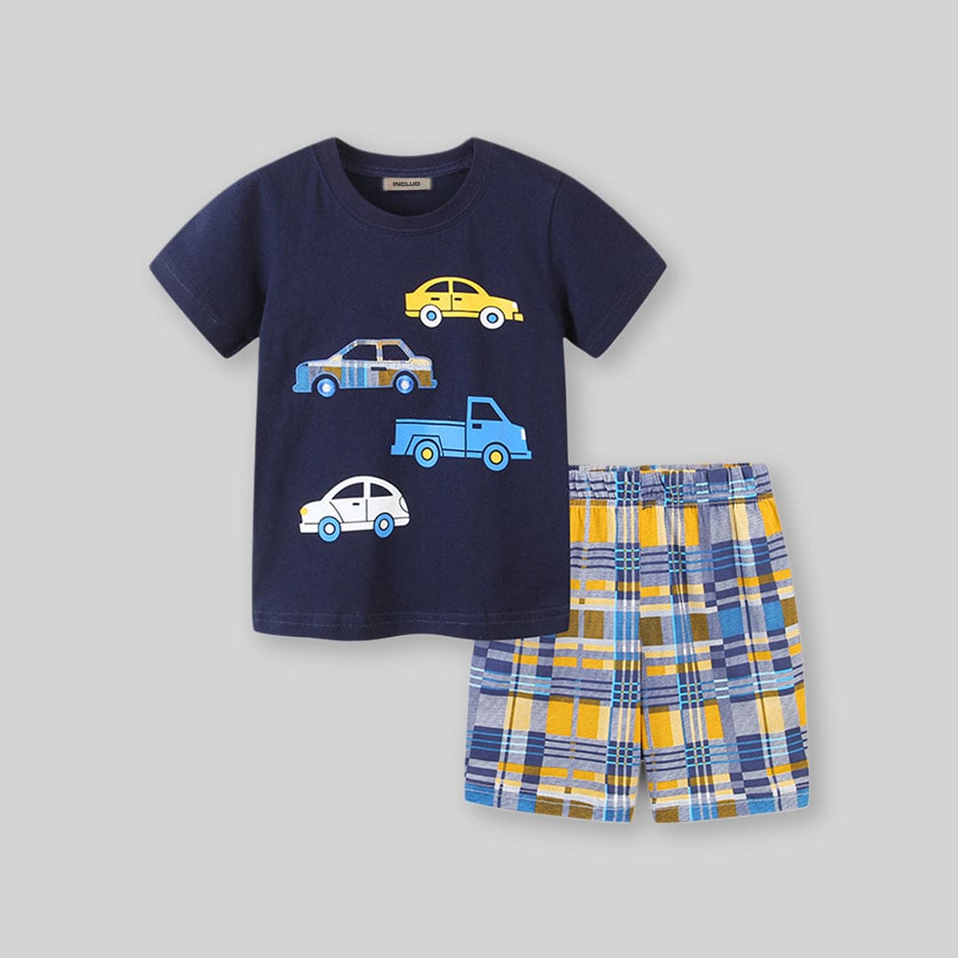 Boys Navy Car Print T-Shirt With Check Print Shorts Set Sets   