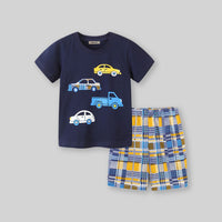 Boys Navy Car Print T-Shirt With Check Print Shorts Set Sets   