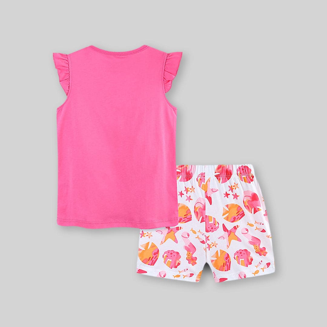 Girls Light Pink Cap Sleeve Graphic T-Shirt With Short Set Sets   