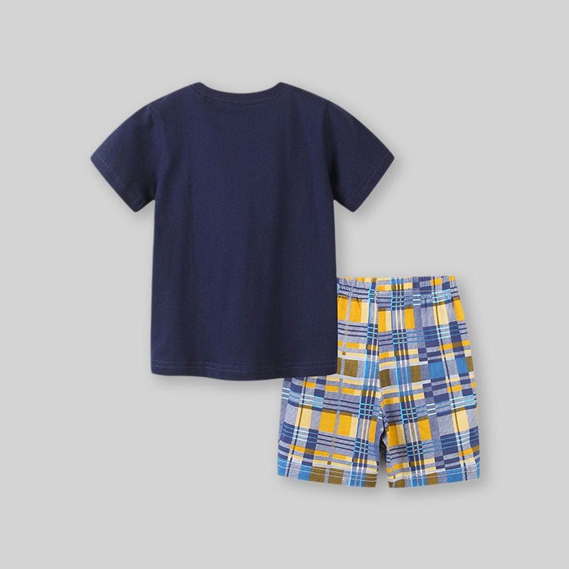 Boys Navy Car Print T-Shirt With Check Print Shorts Set Sets   