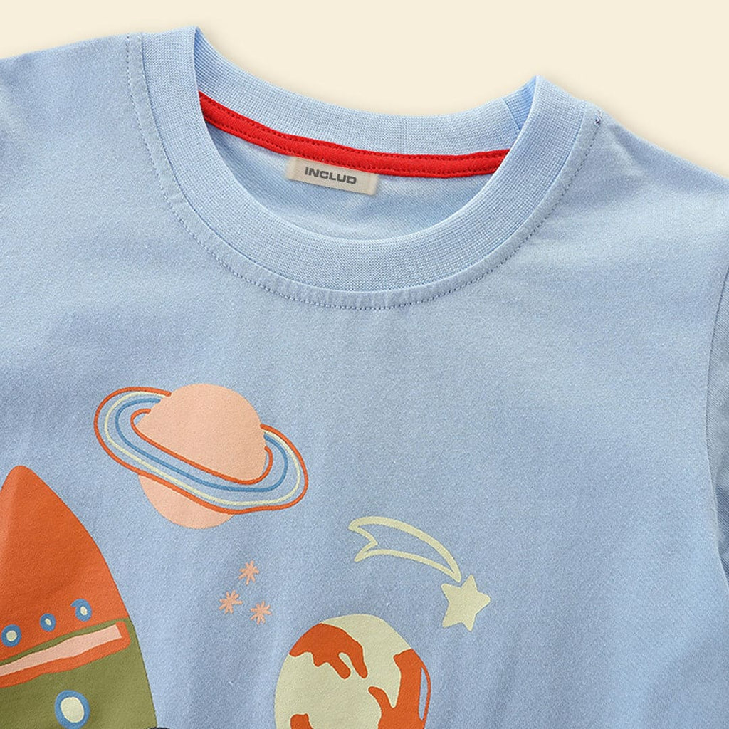 Boys Light Blue Rocket Graphic Short Sleeve T-Shirt Tshirts   