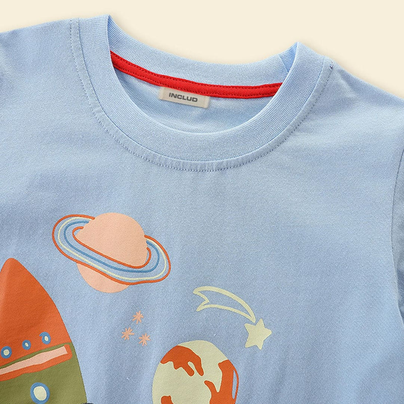 Boys Light Blue Rocket Graphic Short Sleeve T-Shirt Tshirts   