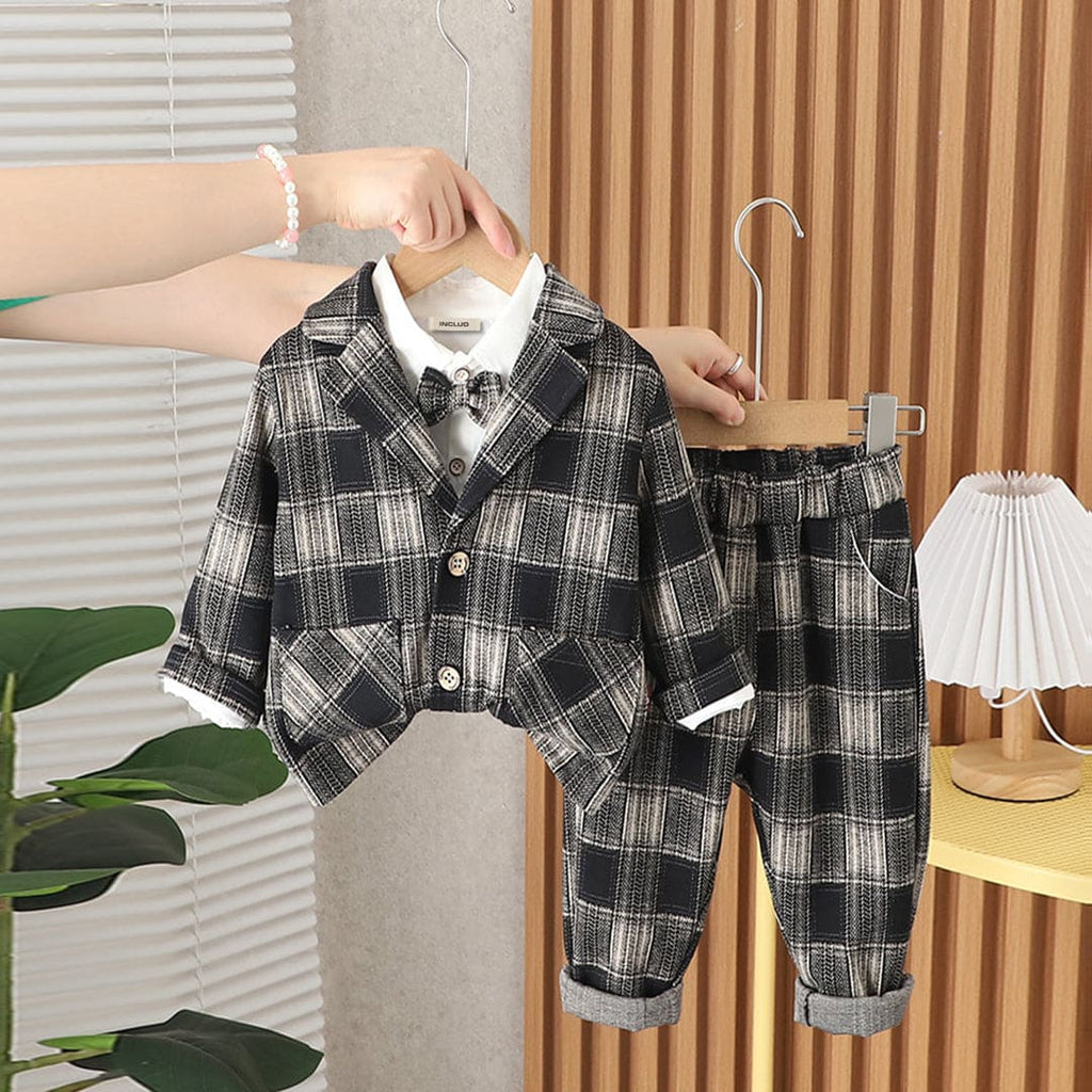 Boys Lapel Gray Plaid Jacket With Shirt & Pants Set Sets Gray 1-2 Y 