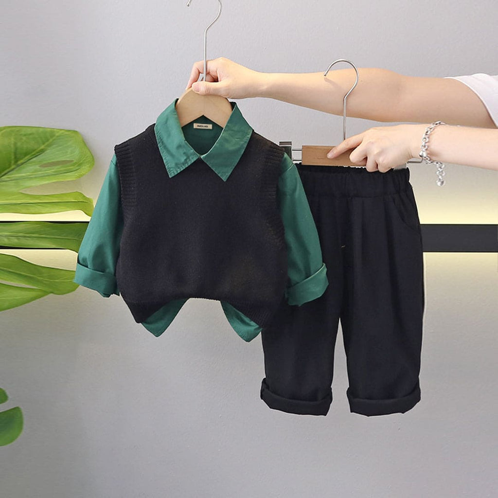 Boys Long Sleeve Shirt With Black Sleeveless Sweater & Pants Set Sets Black 1-2 Y 