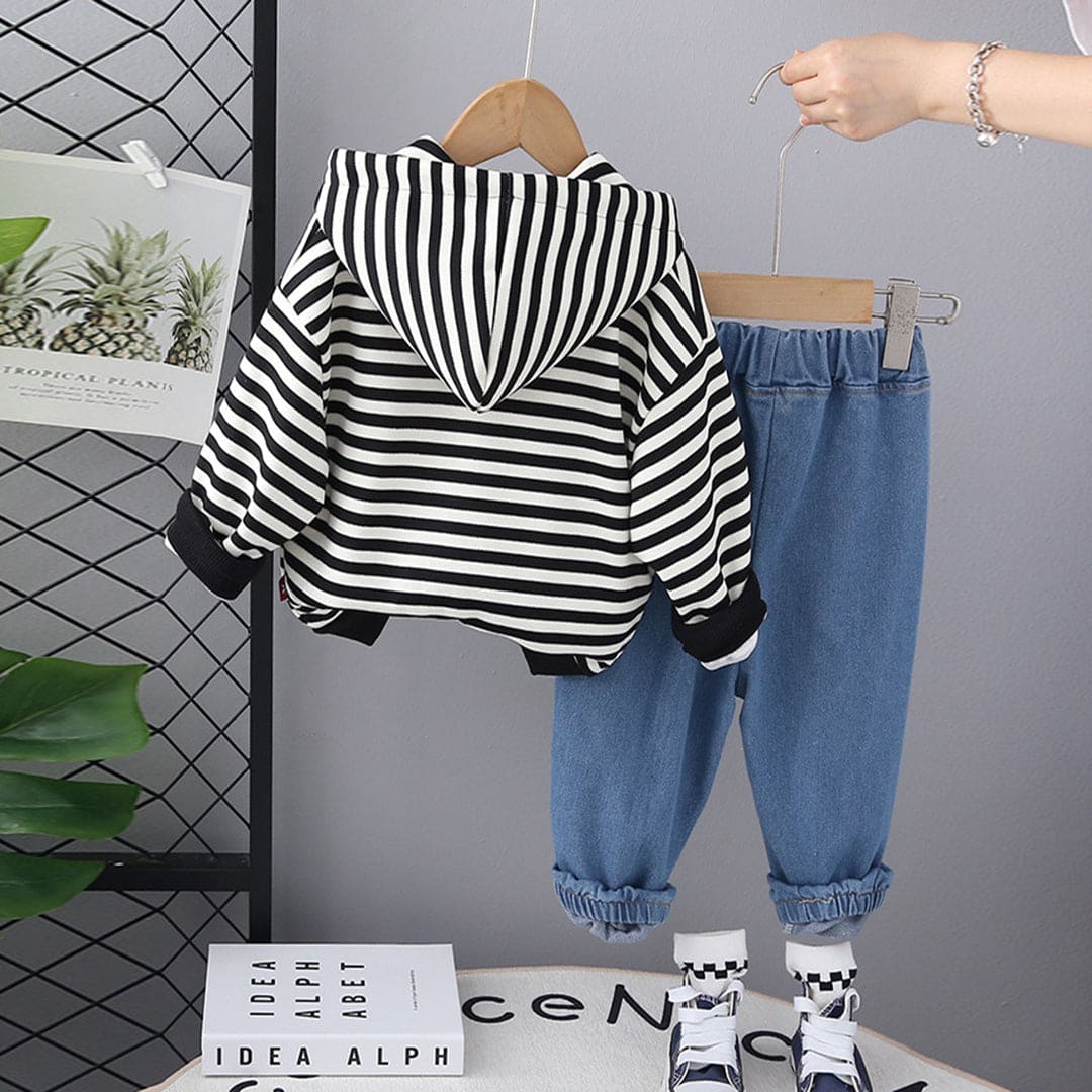 Boys Black Striped Long Hooded Sweatshirt With Denim Trouser Set Sets   