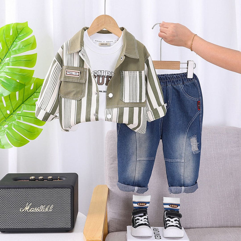 Boys Green Striped Shirt With Printed T-Shirt and Jeans Set Sets Green 1-2 Y 