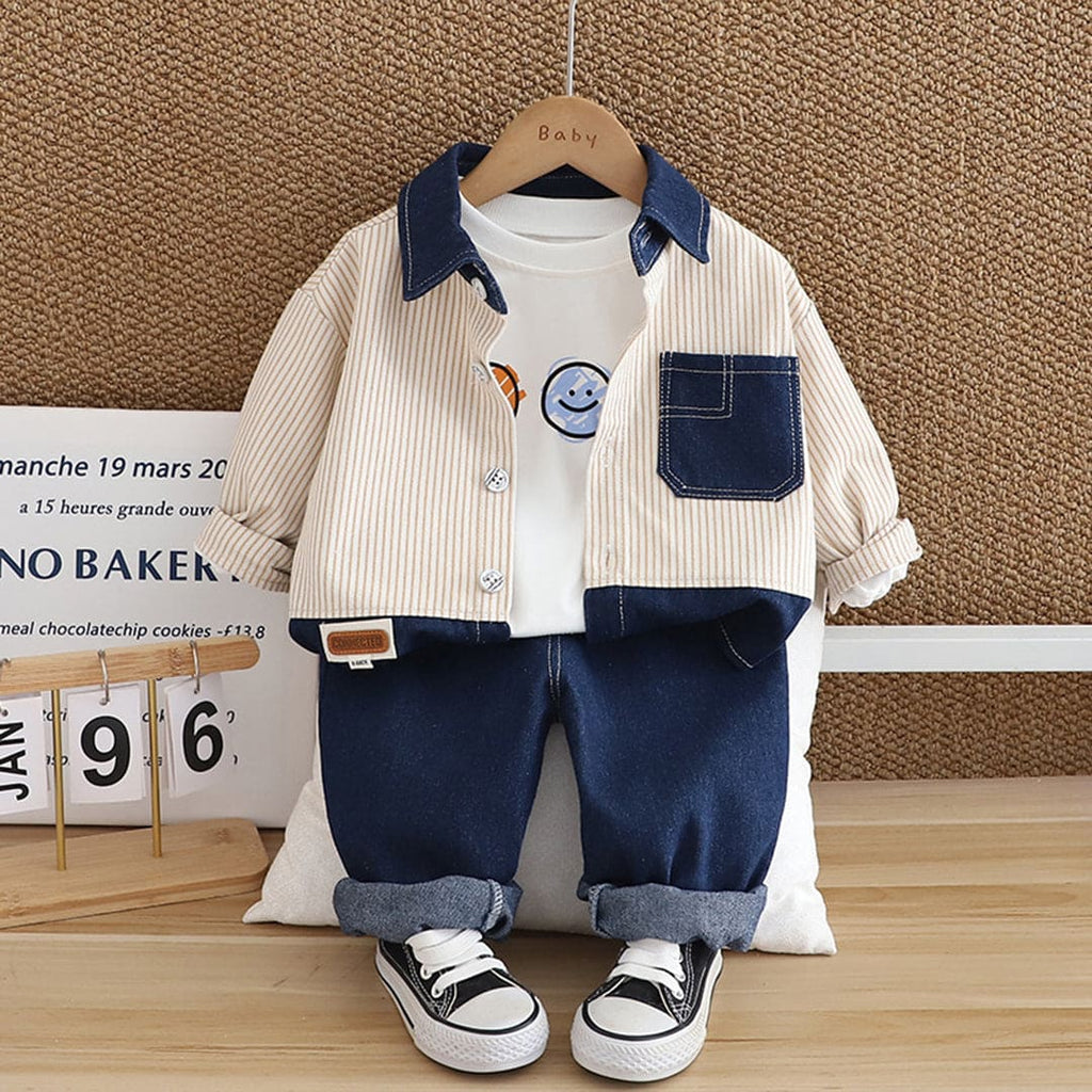 Boys Off White Striped Shirt With Graphic T-Shirt & Denim Jeans Set Sets Off White 1-2 Y 