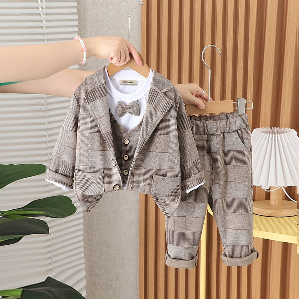 Boys Khaki Check Coat With T-Shirt and Trouser Set Sets Khaki 1-2 Y 