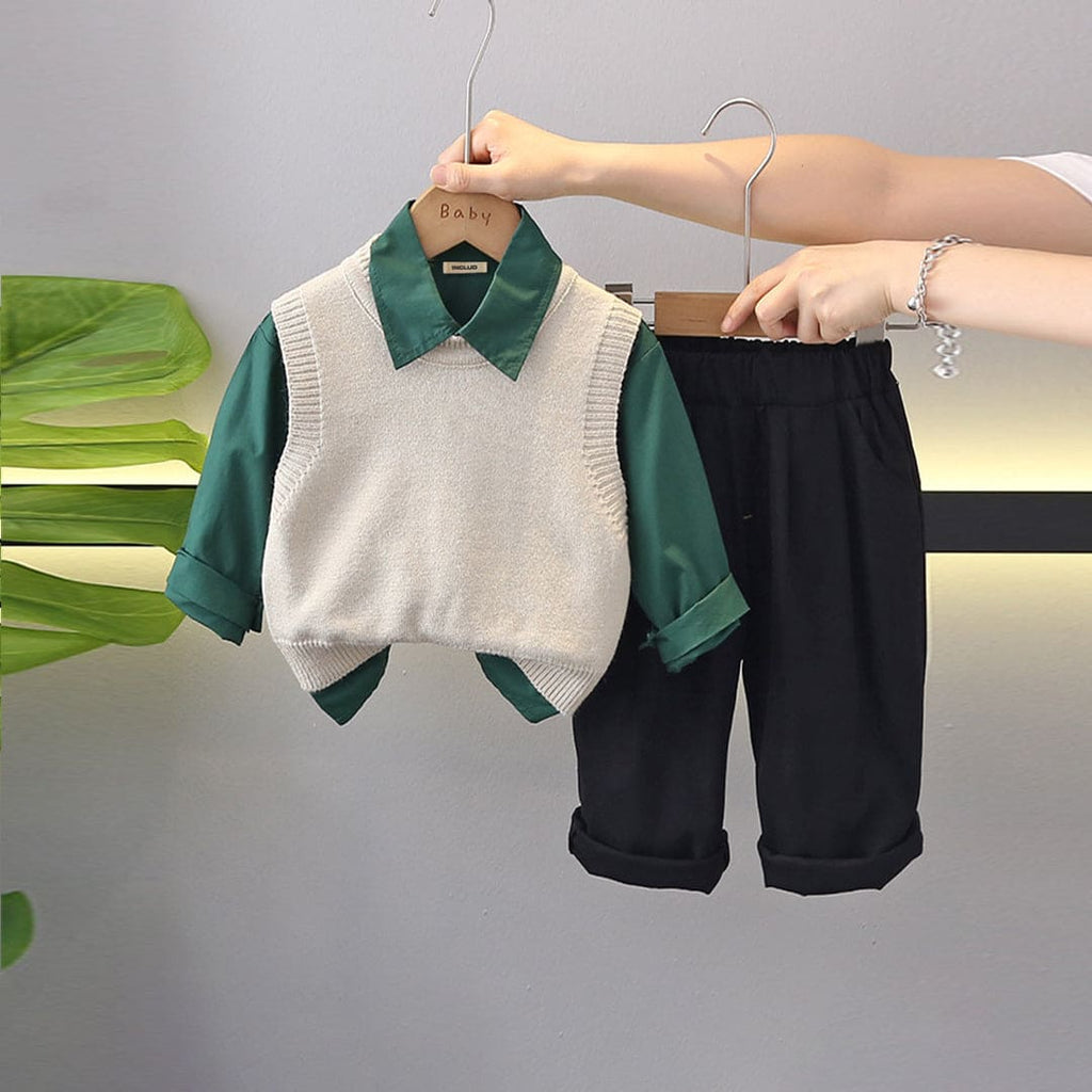 Boys Long Sleeve Shirt With Off White Sleeveless Sweater & Pants Set Sets Off White 1-2 Y 