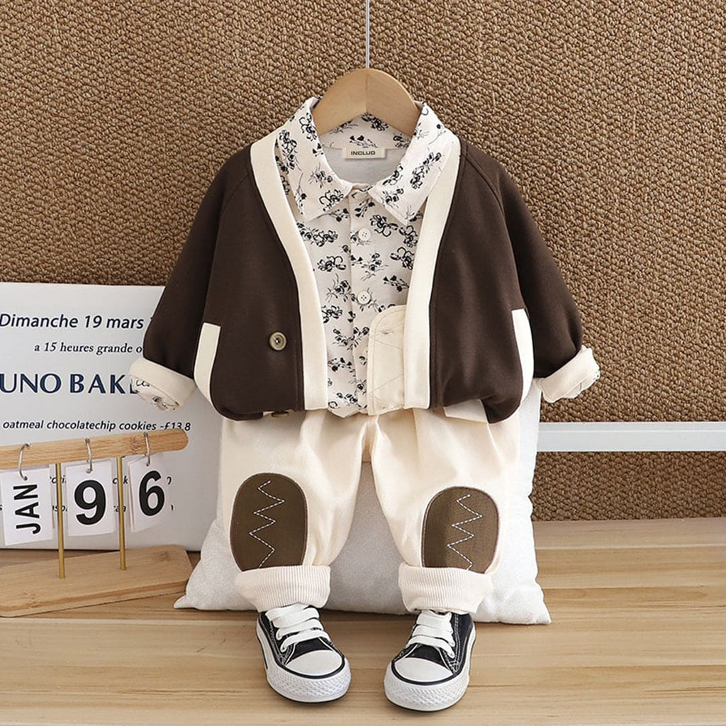 Boys Front Open Brown Sweatshirt With Printed Shirt & Pants Set Sets Brown 1-2 Y 