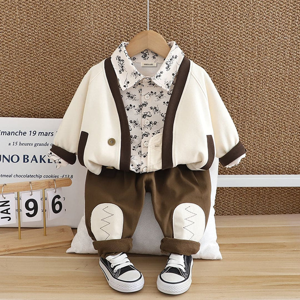 Boys Front Open White Sweatshirt With Printed Shirt & Pants Set Sets White 1-2 Y 