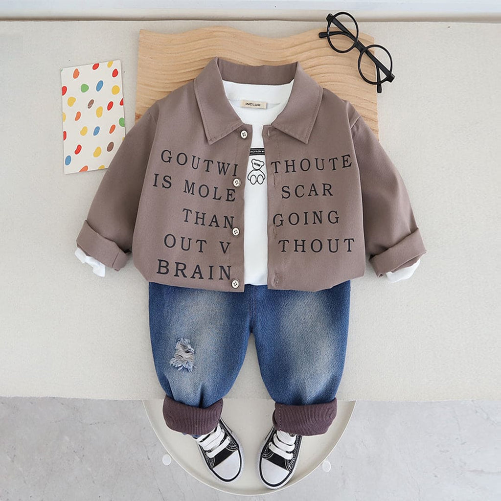 Boys Typography Print Brown Shirt With T-Shirt & Denim Jeans Set Sets Brown 1-2 Y 