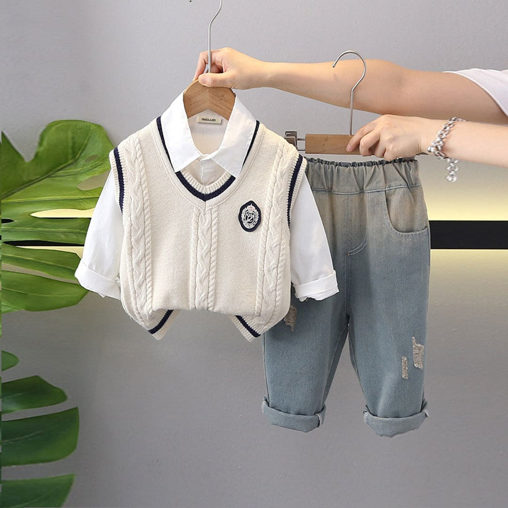 Boys Off White Sweater With Long Sleeve Shirt and Denim Jeans Set Sets Off White 1-2 Y 